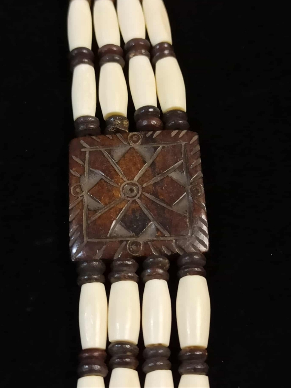 Vintage Carved Wood Bone Bead Bracelet Tribal Geometric Panel Statement Boho